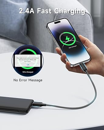 Short Lightning Charger Cable MFi Certified Nylon Braided Fast USB Lead 15CM